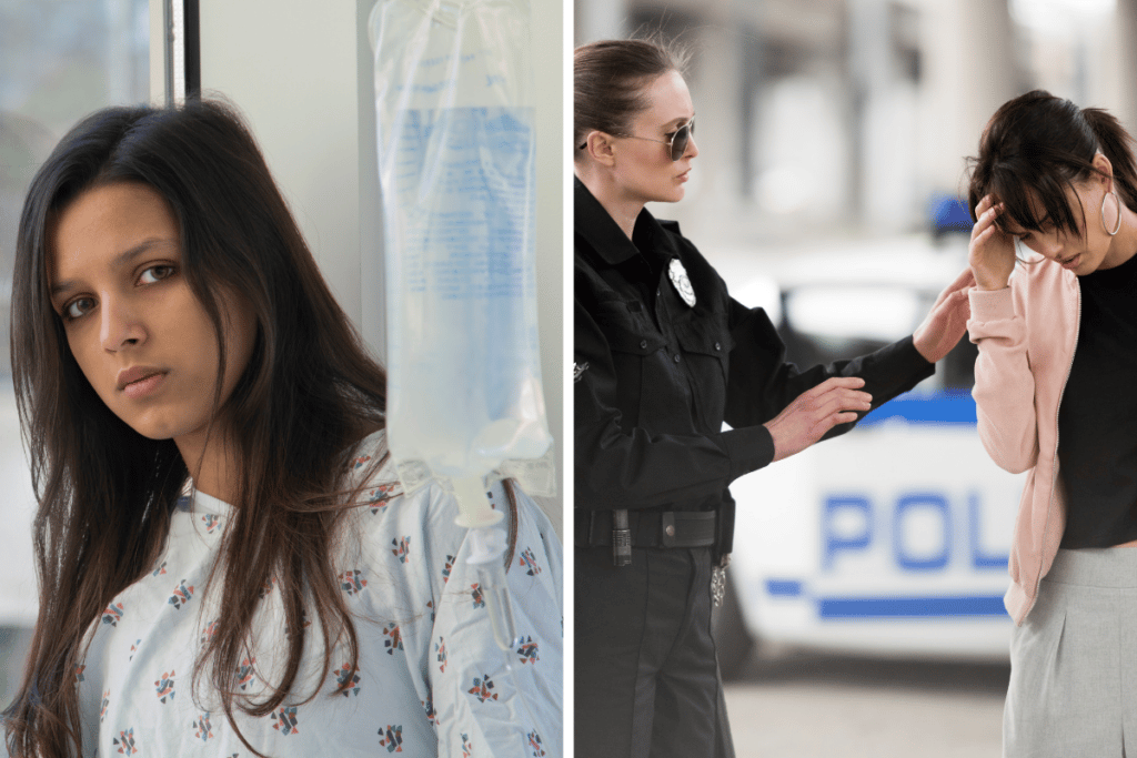 Young woman in the hospital and talking to police