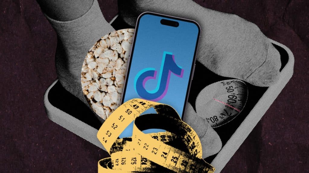 a graphic of a person on a scale and a smart phone