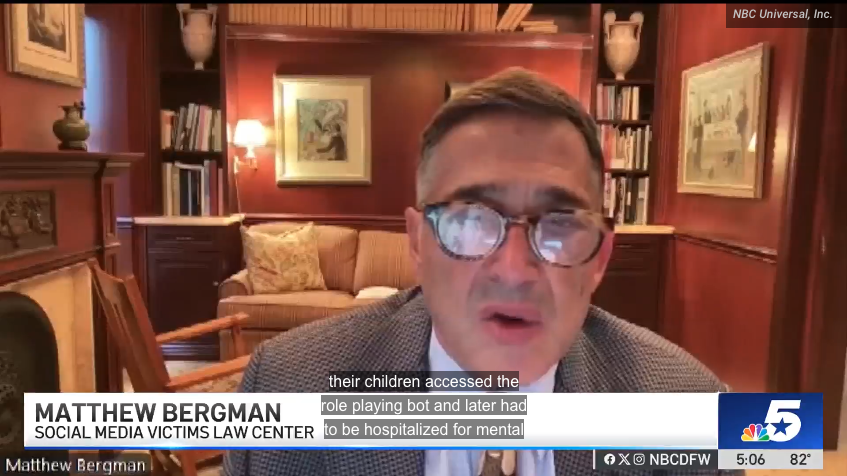 Matthew P. Bergman on NBCDFW talking about Chatarer.AI lawsuits out of East Texas