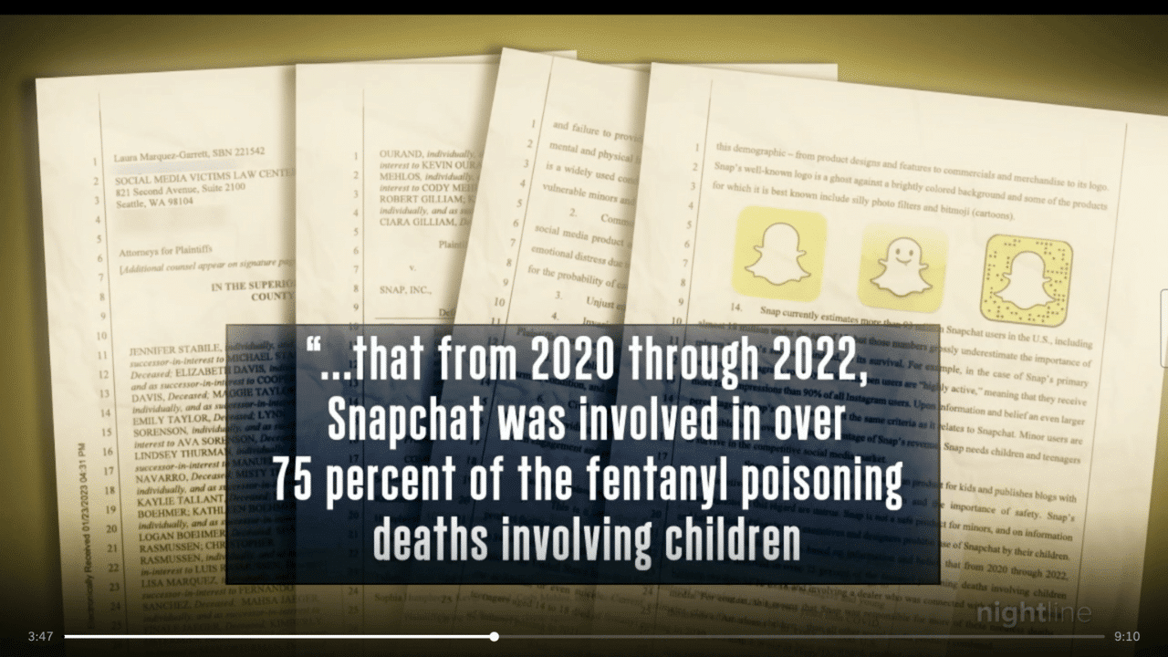 screenshot of lawsuit documents from SMVLC's lawsuit against Snapchat over fentanyl deaths