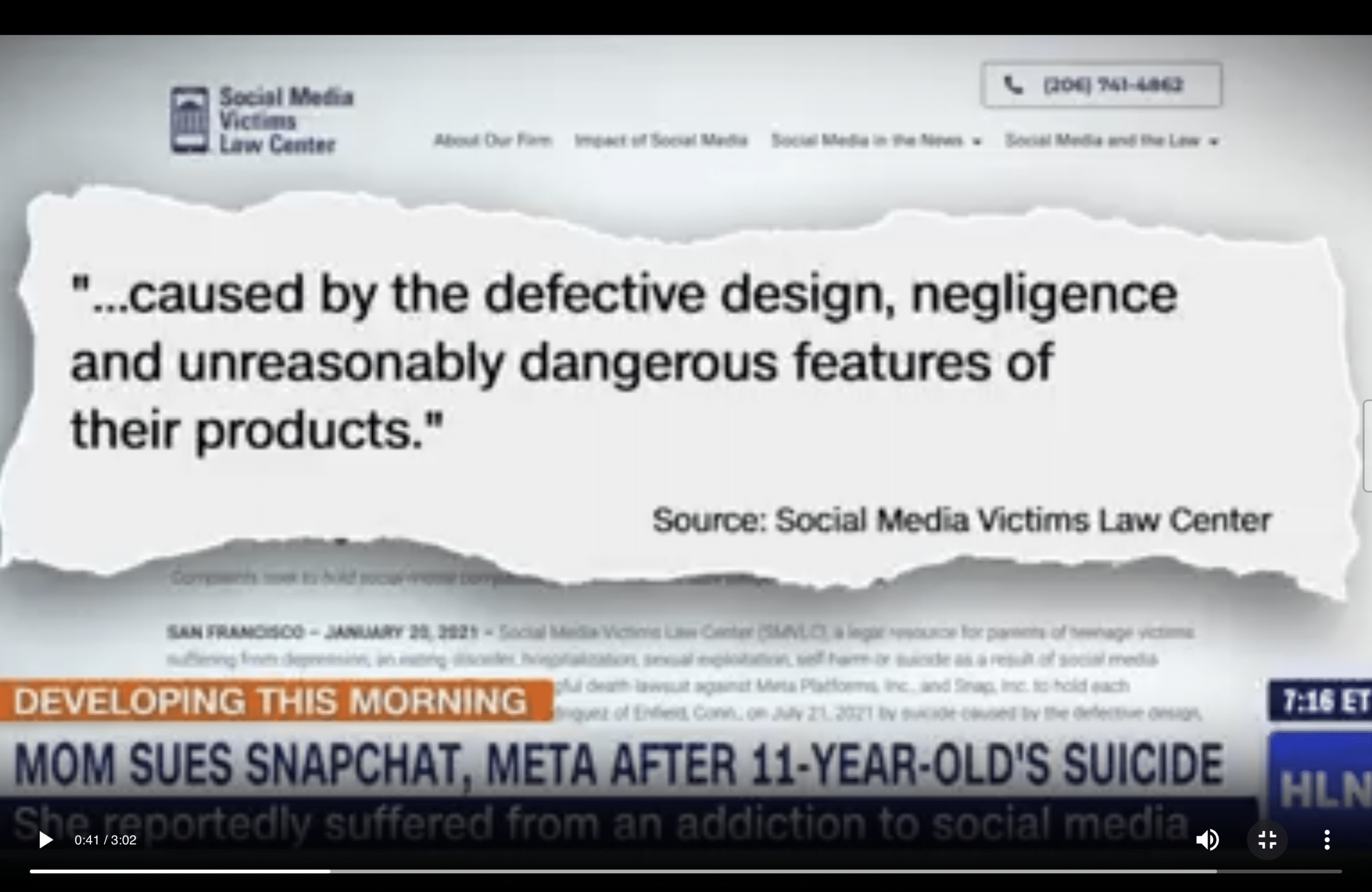 a photo of a news broadcast talking about the Social Media Victims Law Center's case against Meta after an 11 year old's suicide