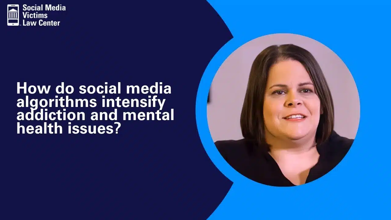 a thumbnail for a video of Attorney Laura Marquez-Garrett explaining how social media algorithms intensify mental health issues