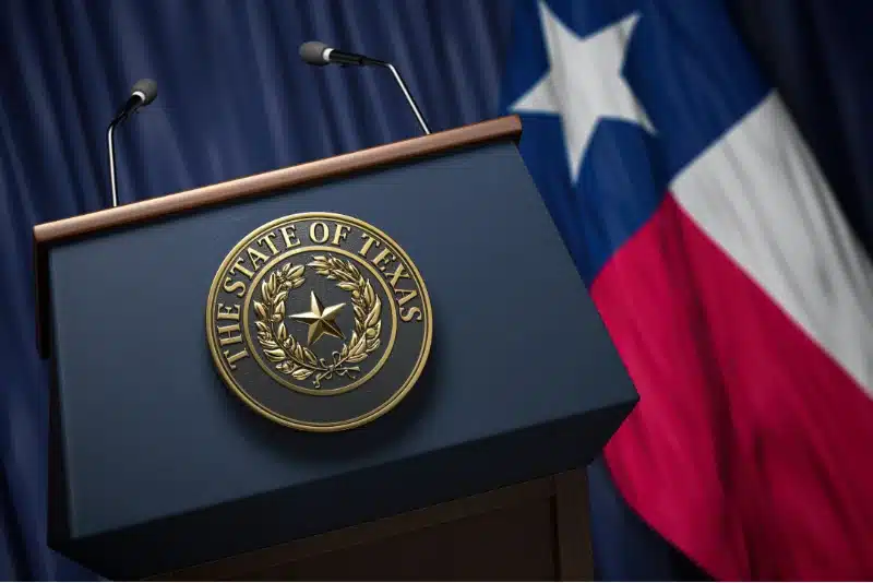 a podium in front of the texas state flag