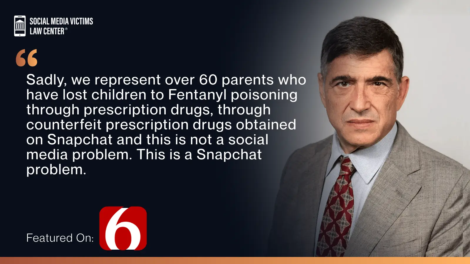 matthew p. bergman speaking to News On 6 about his client who lost her son to a drug overdose after purchasing drugs through snapchat