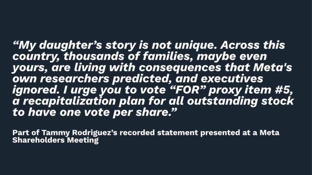 Tammy Rodriguez Quote from recording played at Meta Shareholders Meeting